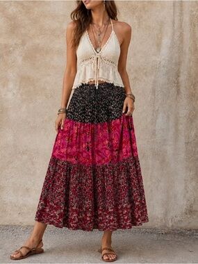 Sag Harbor M Boho Patchwork Floral Tiered Midi Skirt Cotton Festival Cottagecore